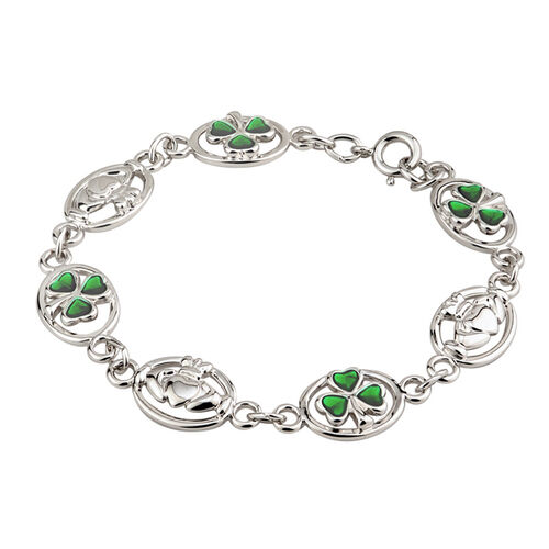 Irish Memories Bracelet Rhodium Oval Claddagh & Enamel