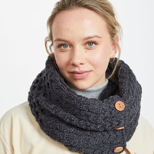 Aran Woollen Mills Snood Scarf With Buttons Derby Black