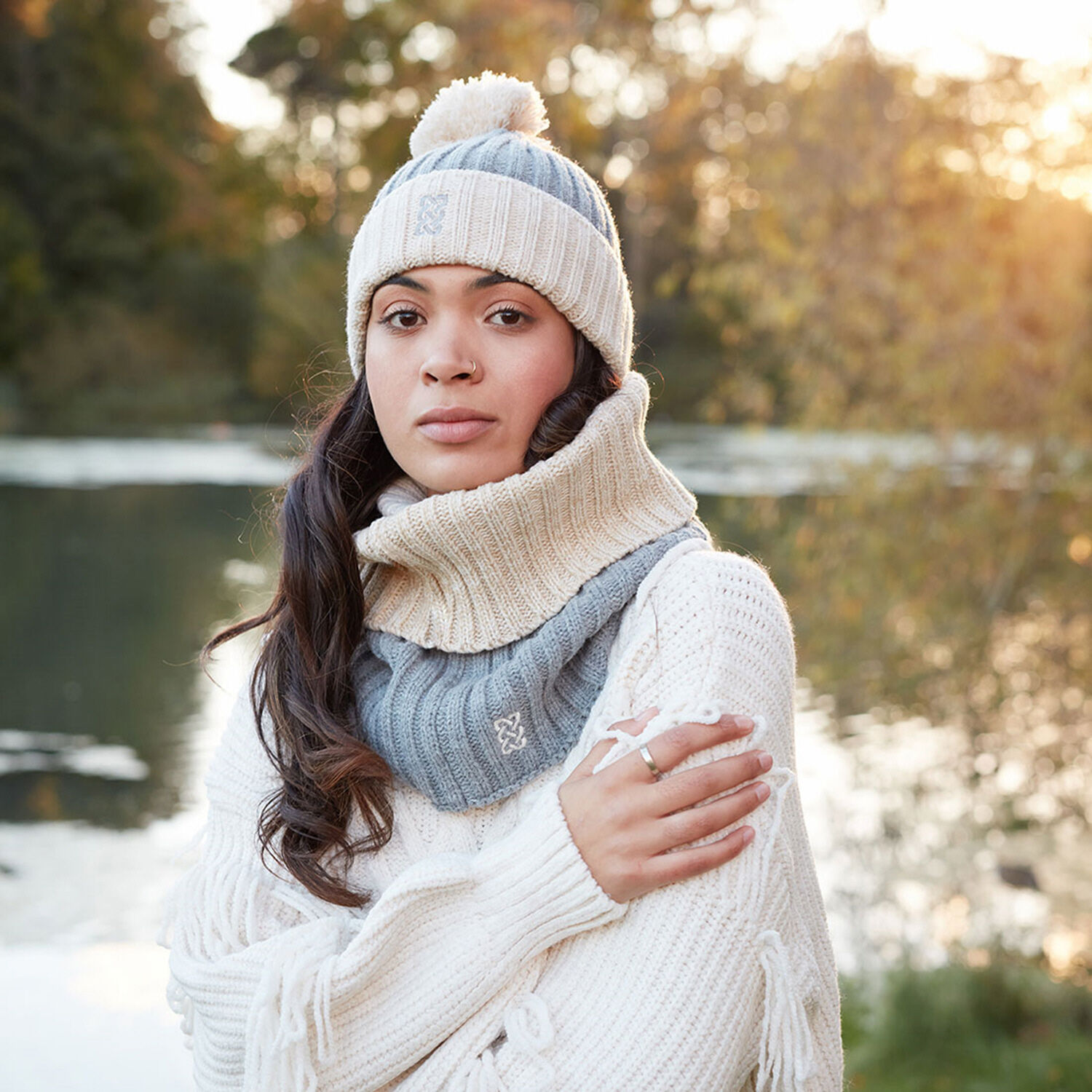 Cream bobble hat and scarf hot sale
