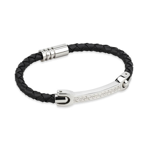 Solvar Steel Mans Black Leather Bracelet