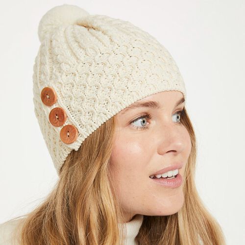 Aran Woollen Mills Merino Ski Hat 3 Buttons White
