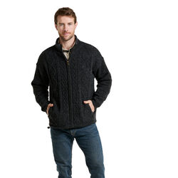 Aran Woollen Mills Lined Shetland Full Zip Cardigan with Fleece Collar S