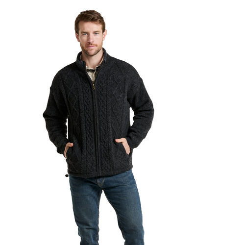 Aran Woollen Mills Lined Shetland Full Zip Cardigan with Fleece Collar S