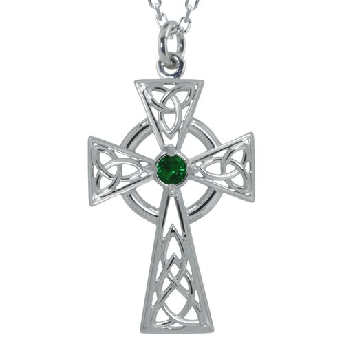 JMH Sterling Silver Trinity Knot Necklace with Green CZ Centre 18 Inch Chain