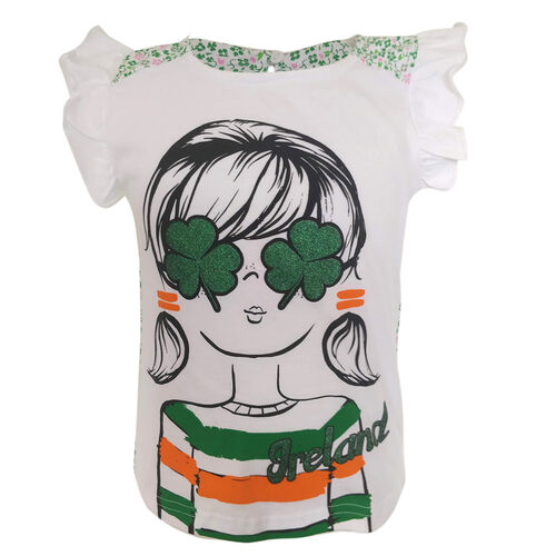 Irish Memories Girls White Shamrock Glasses T-Shirt  9/10