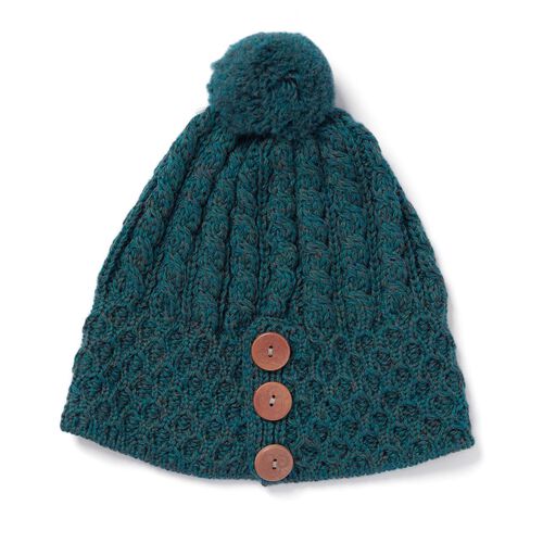 Aran Woollen Mills Merino Ski Hat 3 Buttons Green